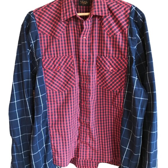 Upcycled Plaid Western Shirt, M to L: Oversized Mixed Print Top, Snaps Fringe - Picture 9 of 10